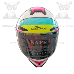 Casco redondo con colita  rosado/amrillo/blanco JH-803 Lobos vicera trasparente Talla L