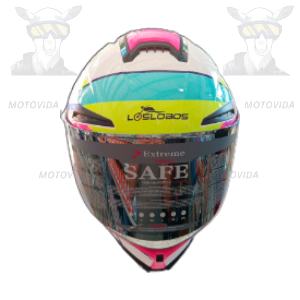 Casco redondo con colita  rosado/amrillo/blanco JH-803 Lobos vicera polarizada Talla XL