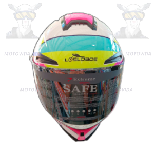 Casco redondo con colita  rosado/amarillo/blanco JH-803 Lobos vicera polarizada talle L
